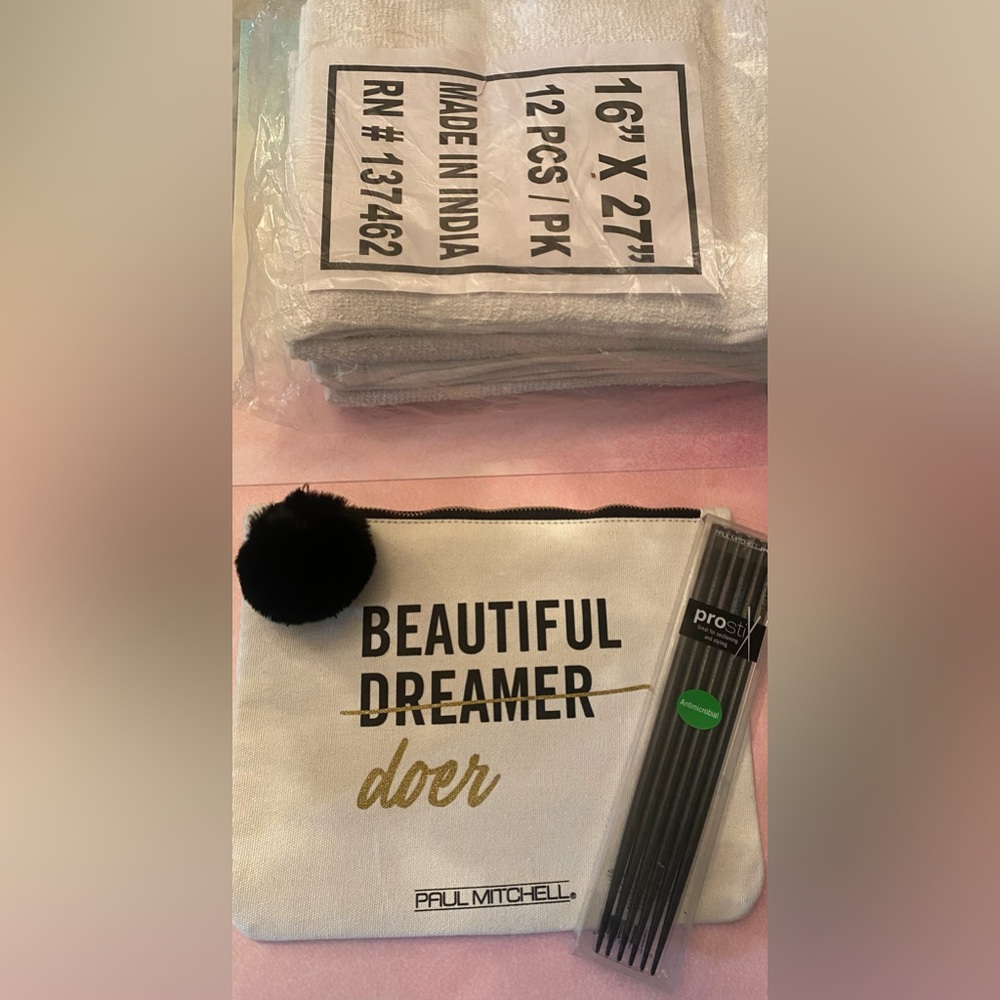 Salon Towels White - cosmetic bag and Paul Mitchell Chop Sticks